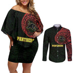 Personalized Penrith Panthers Couples Matching Off Shoulder Short Dress and Long Sleeve Button Shirt Polynesian Tribal Chest and Sleeve Tattoo