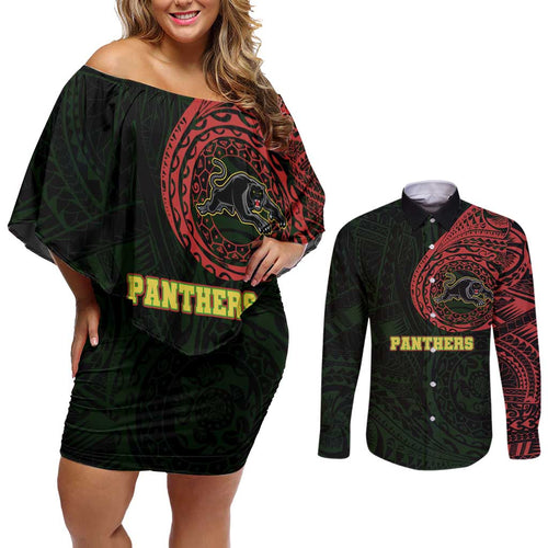 Personalized Penrith Panthers Couples Matching Off Shoulder Short Dress and Long Sleeve Button Shirt Polynesian Tribal Chest and Sleeve Tattoo
