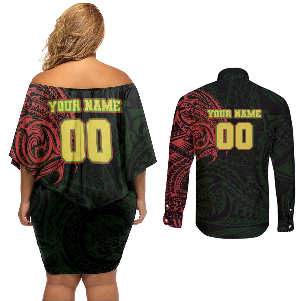 Personalized Penrith Panthers Couples Matching Off Shoulder Short Dress and Long Sleeve Button Shirt Polynesian Tribal Chest and Sleeve Tattoo