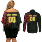 Personalized Penrith Panthers Couples Matching Off Shoulder Short Dress and Long Sleeve Button Shirt Polynesian Tribal Chest and Sleeve Tattoo