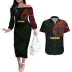 Personalized Penrith Panthers Couples Matching Off The Shoulder Long Sleeve Dress and Hawaiian Shirt Polynesian Tribal Chest and Sleeve Tattoo