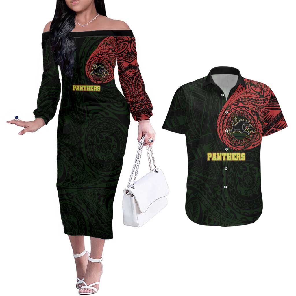 Personalized Penrith Panthers Couples Matching Off The Shoulder Long Sleeve Dress and Hawaiian Shirt Polynesian Tribal Chest and Sleeve Tattoo