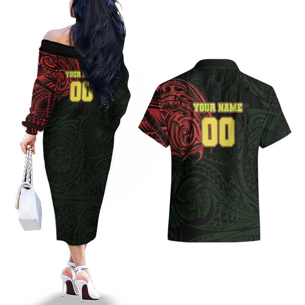 Personalized Penrith Panthers Couples Matching Off The Shoulder Long Sleeve Dress and Hawaiian Shirt Polynesian Tribal Chest and Sleeve Tattoo