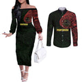 Personalized Penrith Panthers Couples Matching Off The Shoulder Long Sleeve Dress and Long Sleeve Button Shirt Polynesian Tribal Chest and Sleeve Tattoo