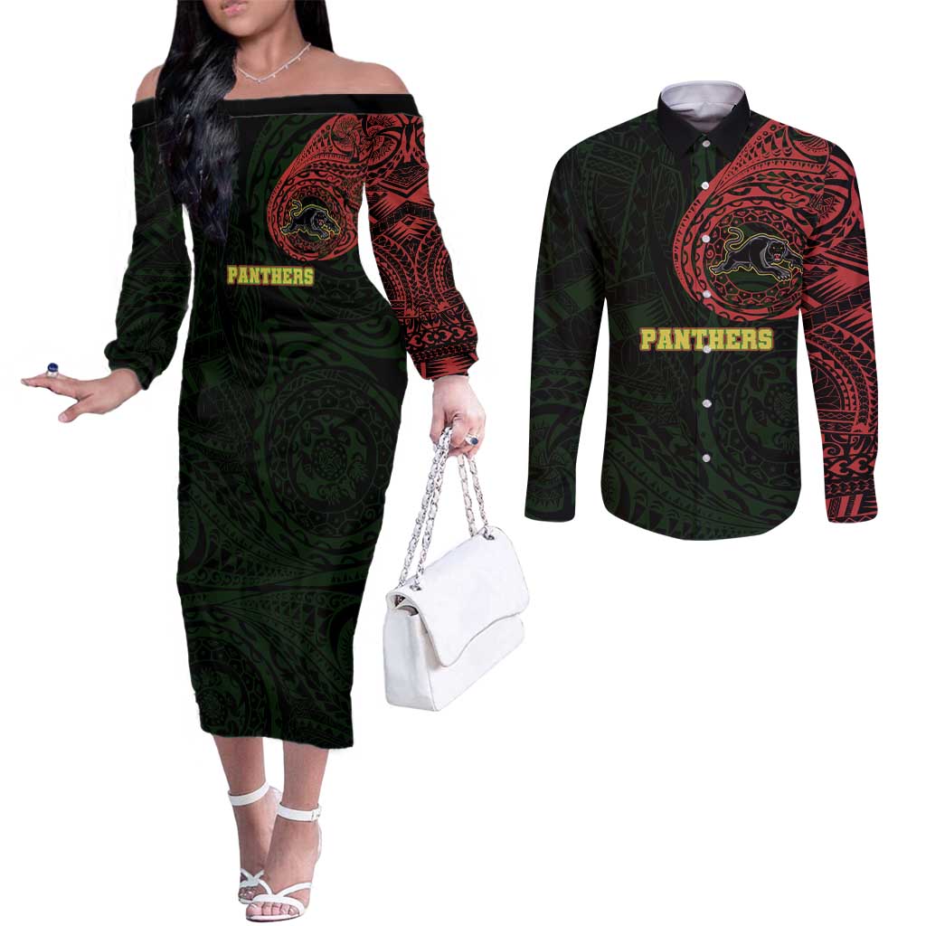 Personalized Penrith Panthers Couples Matching Off The Shoulder Long Sleeve Dress and Long Sleeve Button Shirt Polynesian Tribal Chest and Sleeve Tattoo
