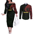 Personalized Penrith Panthers Couples Matching Off The Shoulder Long Sleeve Dress and Long Sleeve Button Shirt Polynesian Tribal Chest and Sleeve Tattoo