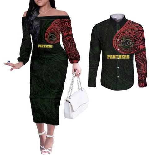 Personalized Penrith Panthers Couples Matching Off The Shoulder Long Sleeve Dress and Long Sleeve Button Shirt Polynesian Tribal Chest and Sleeve Tattoo