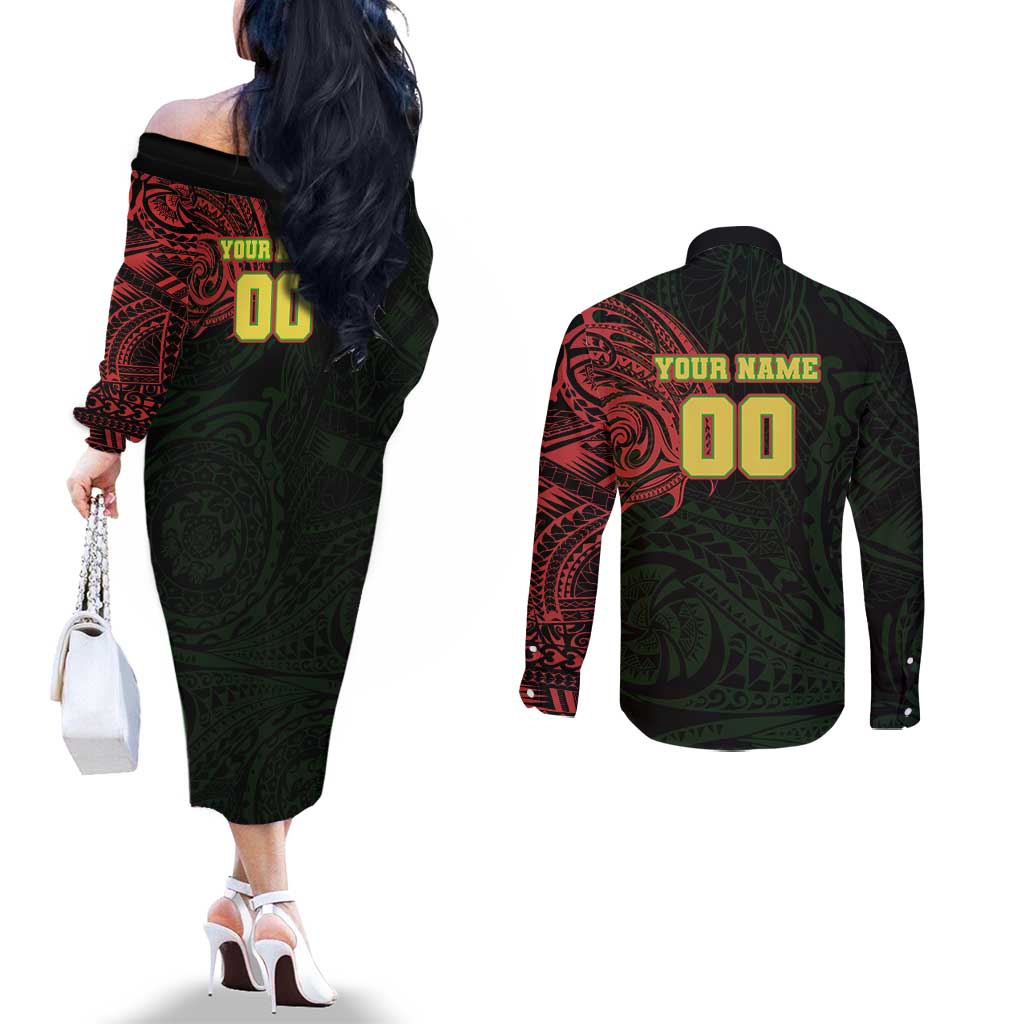 Personalized Penrith Panthers Couples Matching Off The Shoulder Long Sleeve Dress and Long Sleeve Button Shirt Polynesian Tribal Chest and Sleeve Tattoo