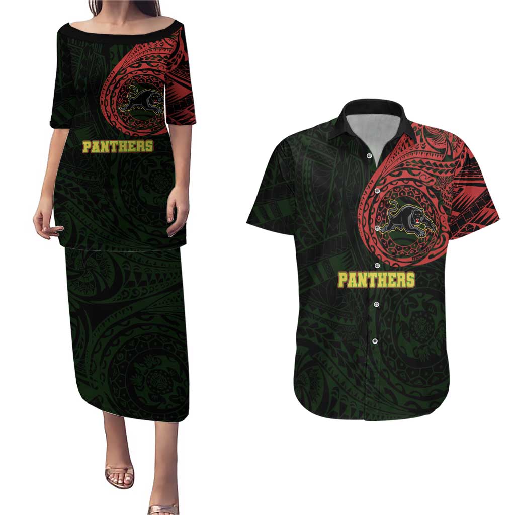 Personalized Penrith Panthers Couples Matching Puletasi and Hawaiian Shirt Polynesian Tribal Chest and Sleeve Tattoo