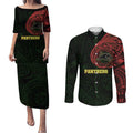 Personalized Penrith Panthers Couples Matching Puletasi and Long Sleeve Button Shirt Polynesian Tribal Chest and Sleeve Tattoo