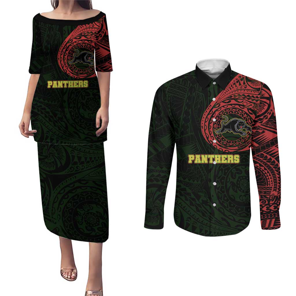 Personalized Penrith Panthers Couples Matching Puletasi and Long Sleeve Button Shirt Polynesian Tribal Chest and Sleeve Tattoo