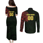 Personalized Penrith Panthers Couples Matching Puletasi and Long Sleeve Button Shirt Polynesian Tribal Chest and Sleeve Tattoo