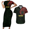 Personalized Penrith Panthers Couples Matching Short Sleeve Bodycon Dress and Hawaiian Shirt Polynesian Tribal Chest and Sleeve Tattoo