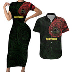 Personalized Penrith Panthers Couples Matching Short Sleeve Bodycon Dress and Hawaiian Shirt Polynesian Tribal Chest and Sleeve Tattoo