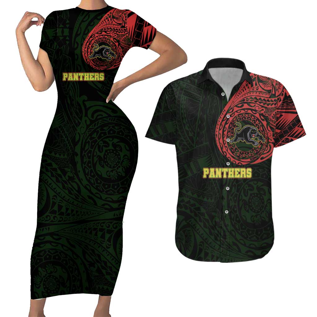 Personalized Penrith Panthers Couples Matching Short Sleeve Bodycon Dress and Hawaiian Shirt Polynesian Tribal Chest and Sleeve Tattoo