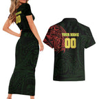 Personalized Penrith Panthers Couples Matching Short Sleeve Bodycon Dress and Hawaiian Shirt Polynesian Tribal Chest and Sleeve Tattoo