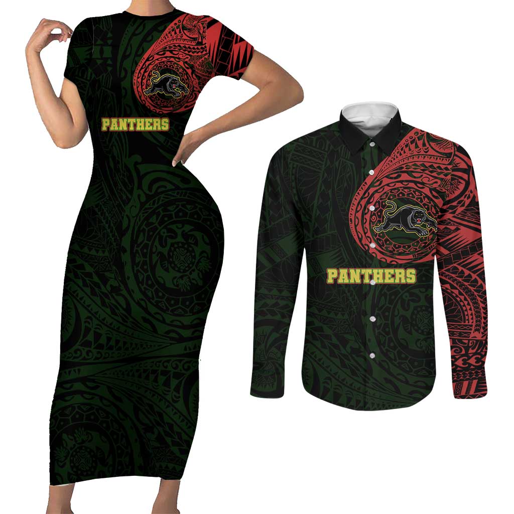 Personalized Penrith Panthers Couples Matching Short Sleeve Bodycon Dress and Long Sleeve Button Shirt Polynesian Tribal Chest and Sleeve Tattoo