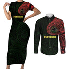 Personalized Penrith Panthers Couples Matching Short Sleeve Bodycon Dress and Long Sleeve Button Shirt Polynesian Tribal Chest and Sleeve Tattoo