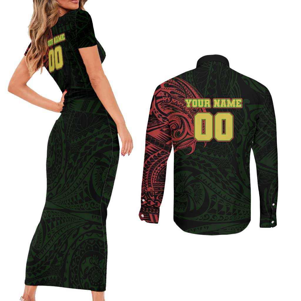 Personalized Penrith Panthers Couples Matching Short Sleeve Bodycon Dress and Long Sleeve Button Shirt Polynesian Tribal Chest and Sleeve Tattoo