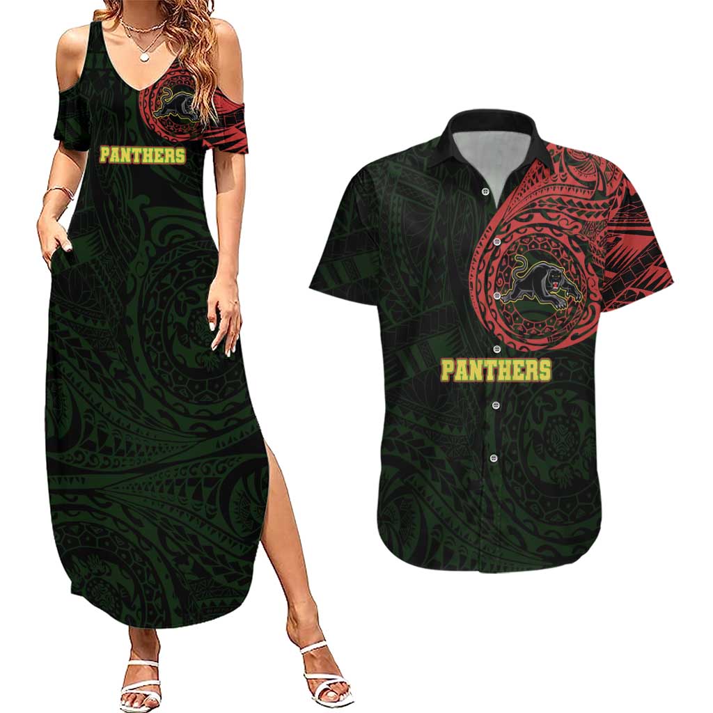 Personalized Penrith Panthers Couples Matching Summer Maxi Dress and Hawaiian Shirt Polynesian Tribal Chest and Sleeve Tattoo
