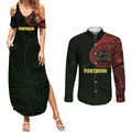 Personalized Penrith Panthers Couples Matching Summer Maxi Dress and Long Sleeve Button Shirt Polynesian Tribal Chest and Sleeve Tattoo