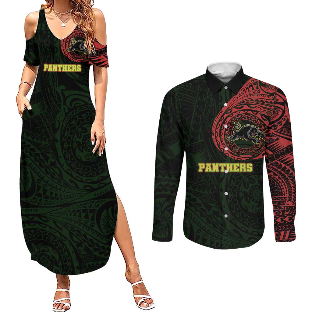 Personalized Penrith Panthers Couples Matching Summer Maxi Dress and Long Sleeve Button Shirt Polynesian Tribal Chest and Sleeve Tattoo