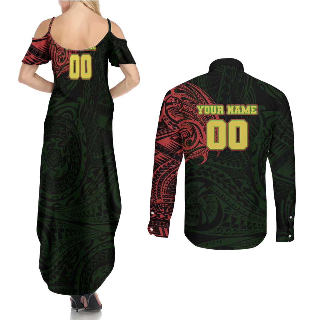 Personalized Penrith Panthers Couples Matching Summer Maxi Dress and Long Sleeve Button Shirt Polynesian Tribal Chest and Sleeve Tattoo