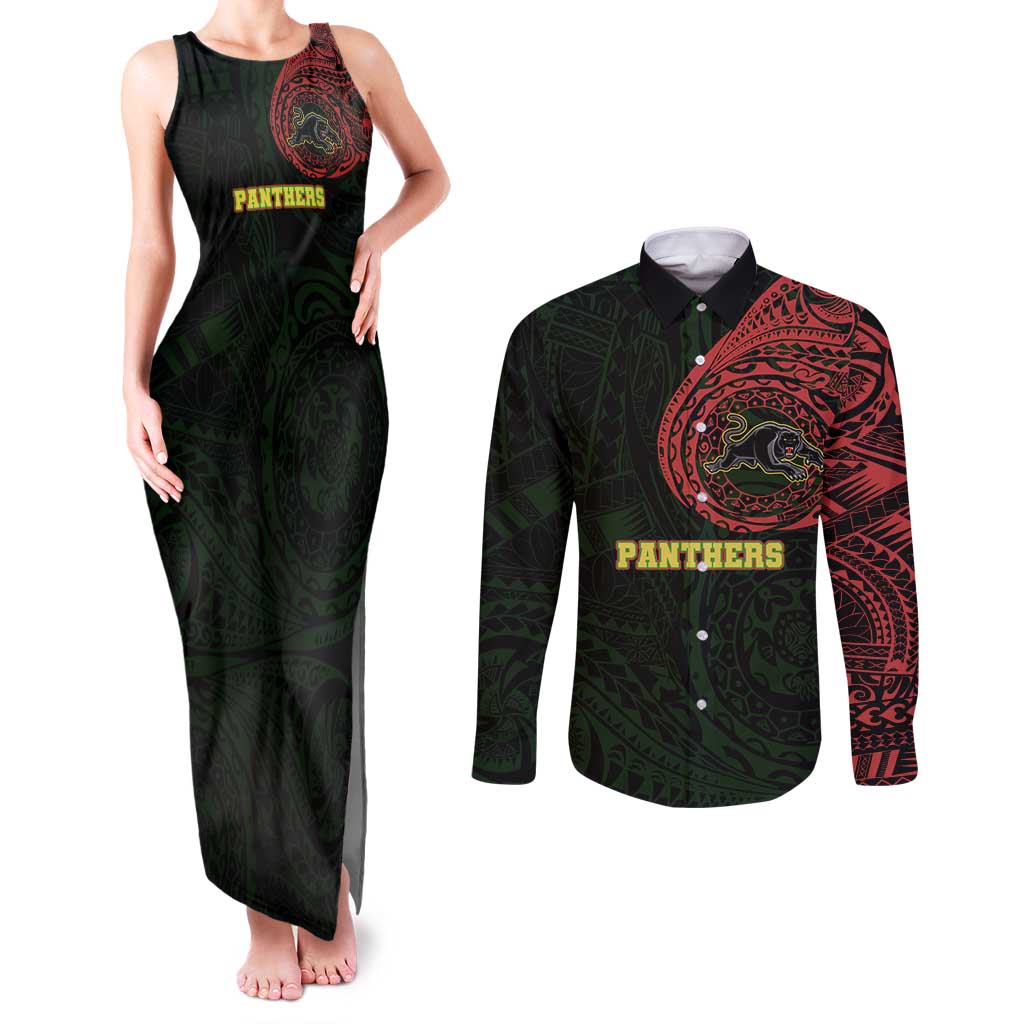 Personalized Penrith Panthers Couples Matching Tank Maxi Dress and Long Sleeve Button Shirt Polynesian Tribal Chest and Sleeve Tattoo