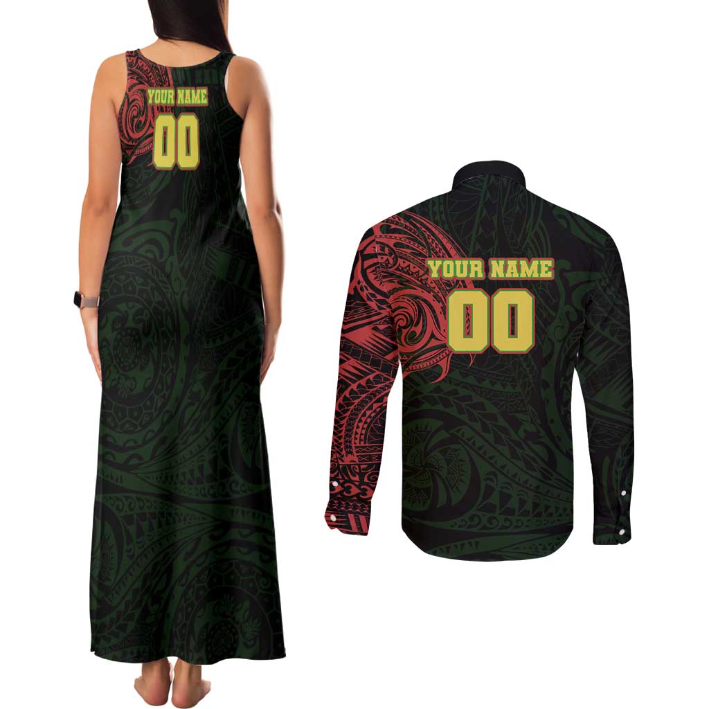 Personalized Penrith Panthers Couples Matching Tank Maxi Dress and Long Sleeve Button Shirt Polynesian Tribal Chest and Sleeve Tattoo