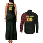 Personalized Penrith Panthers Couples Matching Tank Maxi Dress and Long Sleeve Button Shirt Polynesian Tribal Chest and Sleeve Tattoo