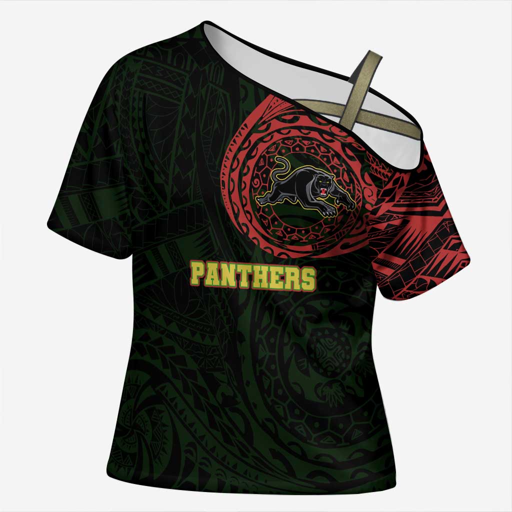 Personalized Penrith Panthers Cross Shoulder Shirt Polynesian Tribal Chest and Sleeve Tattoo