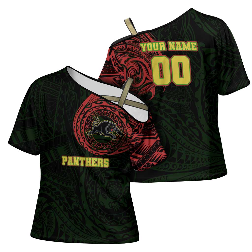 Personalized Penrith Panthers Cross Shoulder Shirt Polynesian Tribal Chest and Sleeve Tattoo