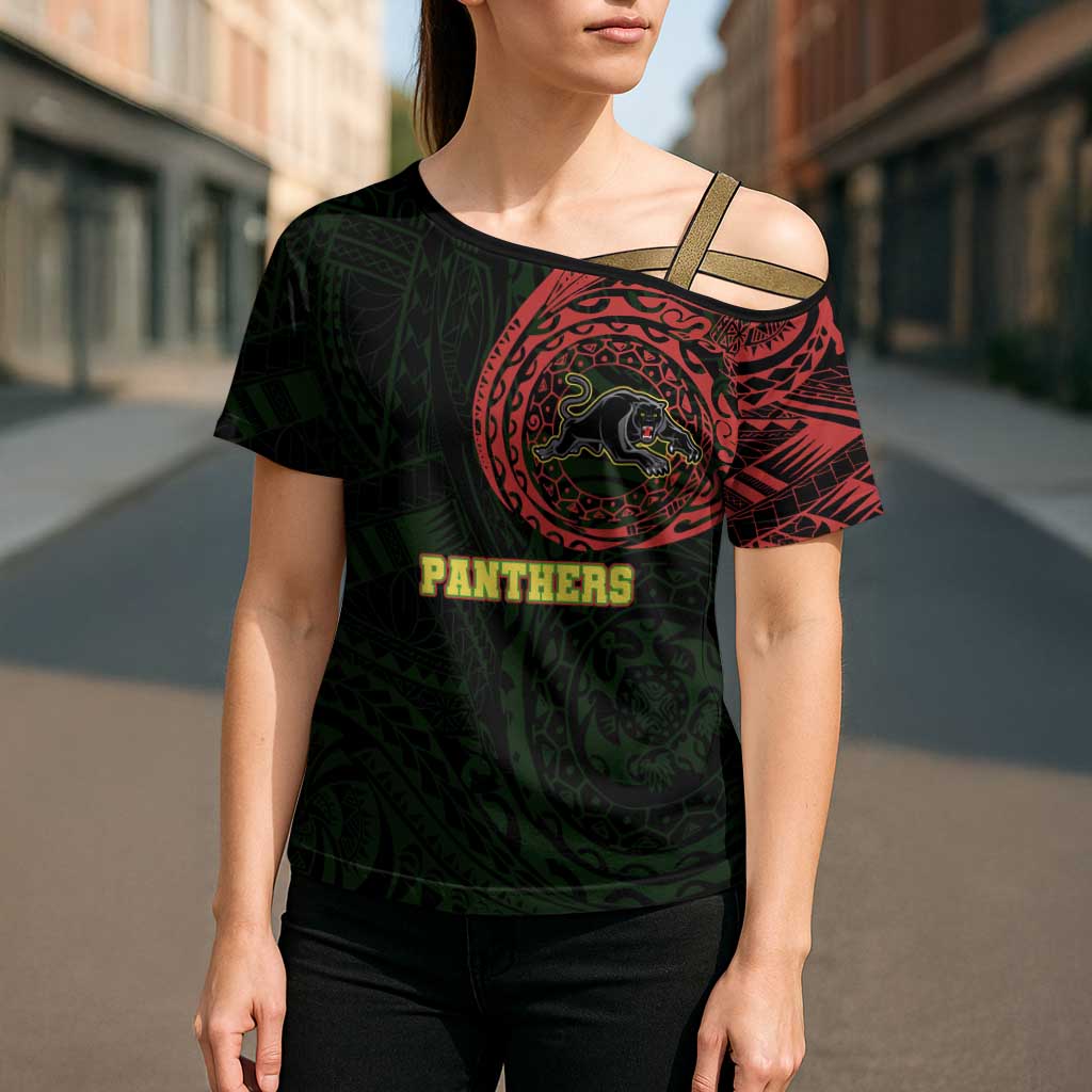 Personalized Penrith Panthers Cross Shoulder Shirt Polynesian Tribal Chest and Sleeve Tattoo