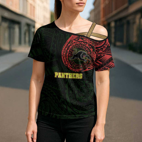 Personalized Penrith Panthers Cross Shoulder Shirt Polynesian Tribal Chest and Sleeve Tattoo