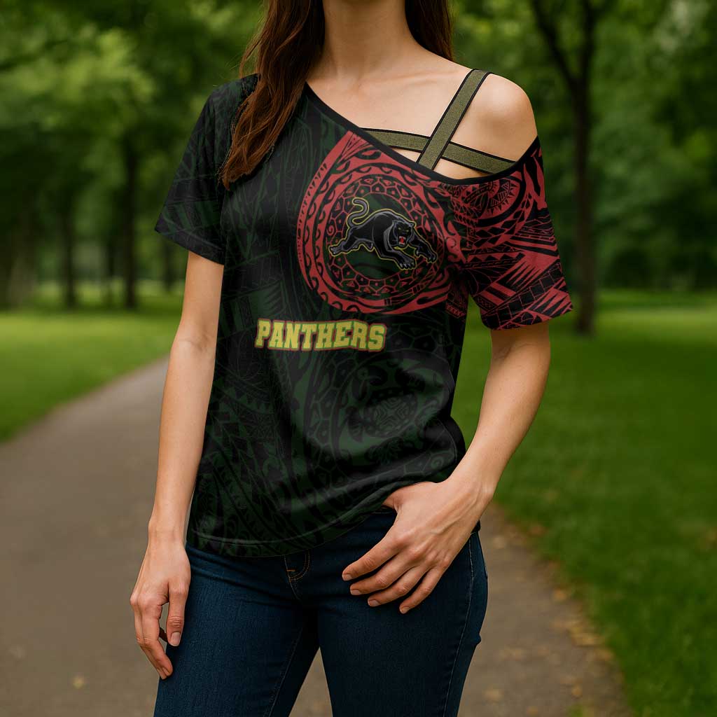 Personalized Penrith Panthers Cross Shoulder Shirt Polynesian Tribal Chest and Sleeve Tattoo