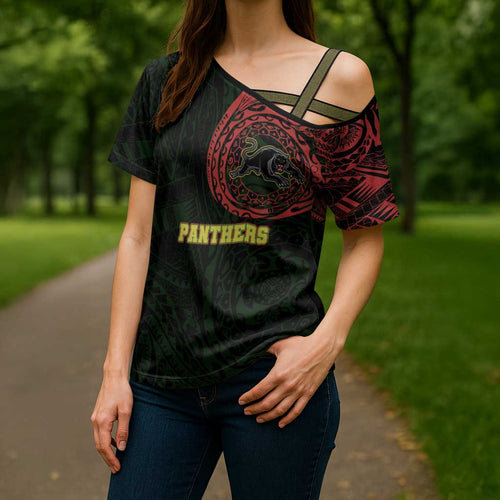 Personalized Penrith Panthers Cross Shoulder Shirt Polynesian Tribal Chest and Sleeve Tattoo