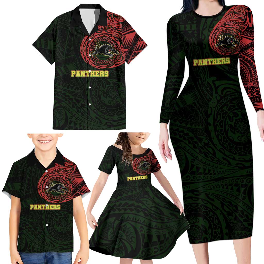 Personalized Penrith Panthers Family Matching Long Sleeve Bodycon Dress and Hawaiian Shirt Polynesian Tribal Chest and Sleeve Tattoo