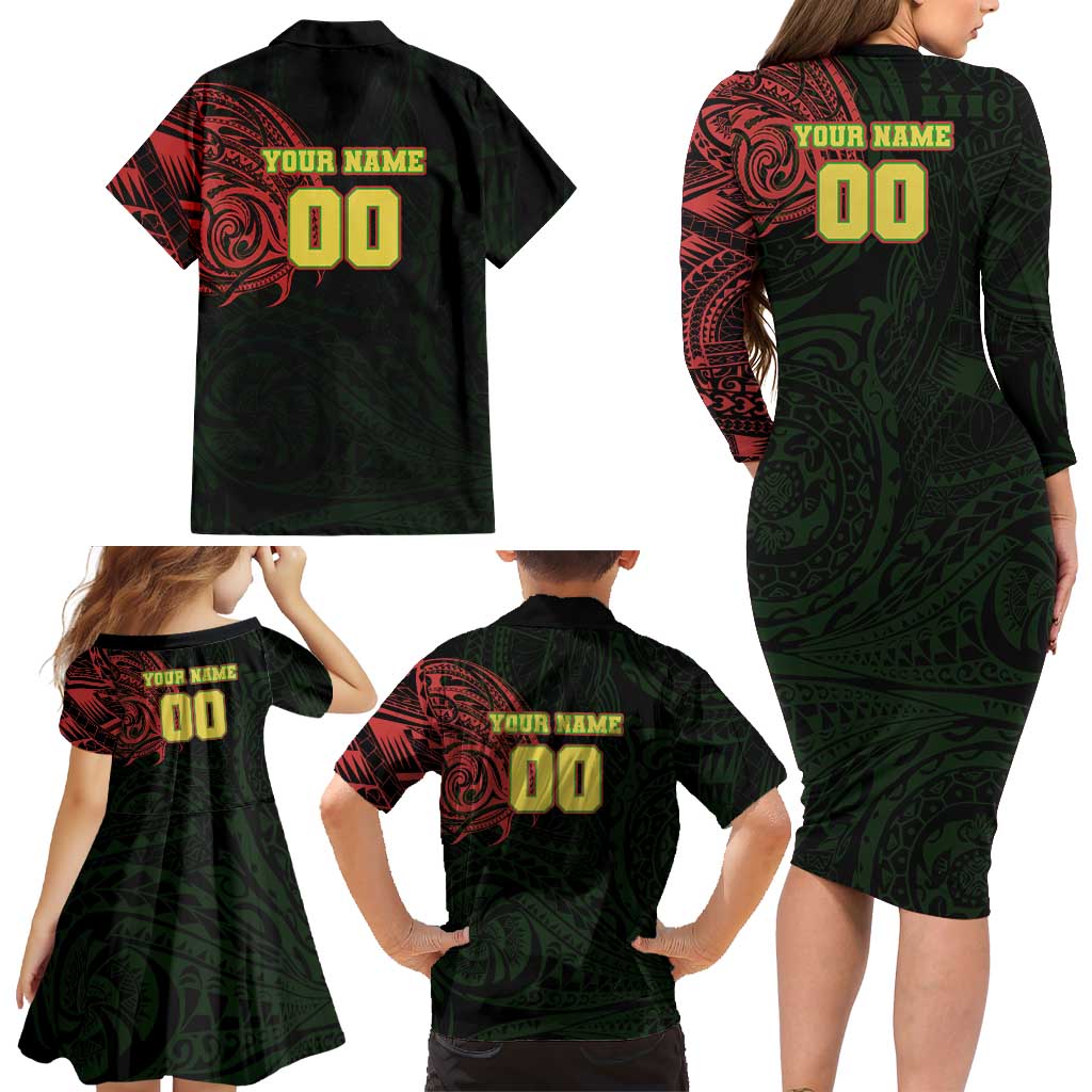 Personalized Penrith Panthers Family Matching Long Sleeve Bodycon Dress and Hawaiian Shirt Polynesian Tribal Chest and Sleeve Tattoo