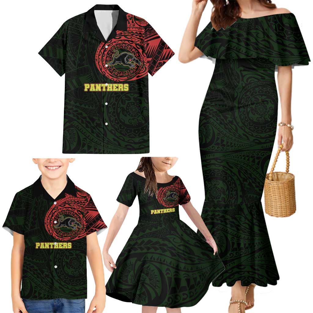 Personalized Penrith Panthers Family Matching Mermaid Dress and Hawaiian Shirt Polynesian Tribal Chest and Sleeve Tattoo