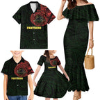 Personalized Penrith Panthers Family Matching Mermaid Dress and Hawaiian Shirt Polynesian Tribal Chest and Sleeve Tattoo