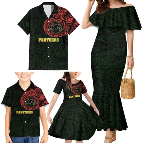 Personalized Penrith Panthers Family Matching Mermaid Dress and Hawaiian Shirt Polynesian Tribal Chest and Sleeve Tattoo