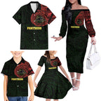 Personalized Penrith Panthers Family Matching Off The Shoulder Long Sleeve Dress and Hawaiian Shirt Polynesian Tribal Chest and Sleeve Tattoo