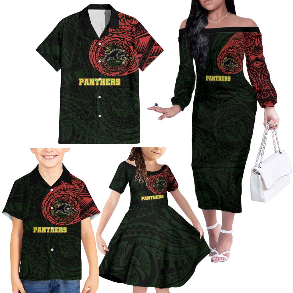 Personalized Penrith Panthers Family Matching Off The Shoulder Long Sleeve Dress and Hawaiian Shirt Polynesian Tribal Chest and Sleeve Tattoo
