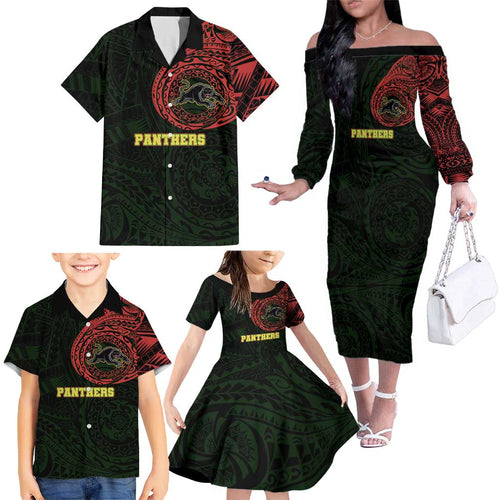 Personalized Penrith Panthers Family Matching Off The Shoulder Long Sleeve Dress and Hawaiian Shirt Polynesian Tribal Chest and Sleeve Tattoo