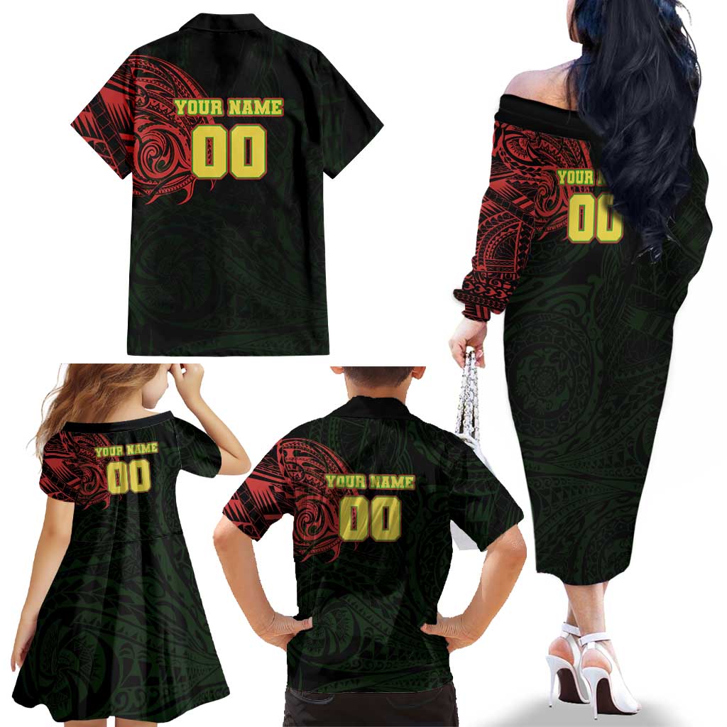 Personalized Penrith Panthers Family Matching Off The Shoulder Long Sleeve Dress and Hawaiian Shirt Polynesian Tribal Chest and Sleeve Tattoo