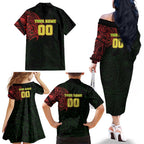 Personalized Penrith Panthers Family Matching Off The Shoulder Long Sleeve Dress and Hawaiian Shirt Polynesian Tribal Chest and Sleeve Tattoo