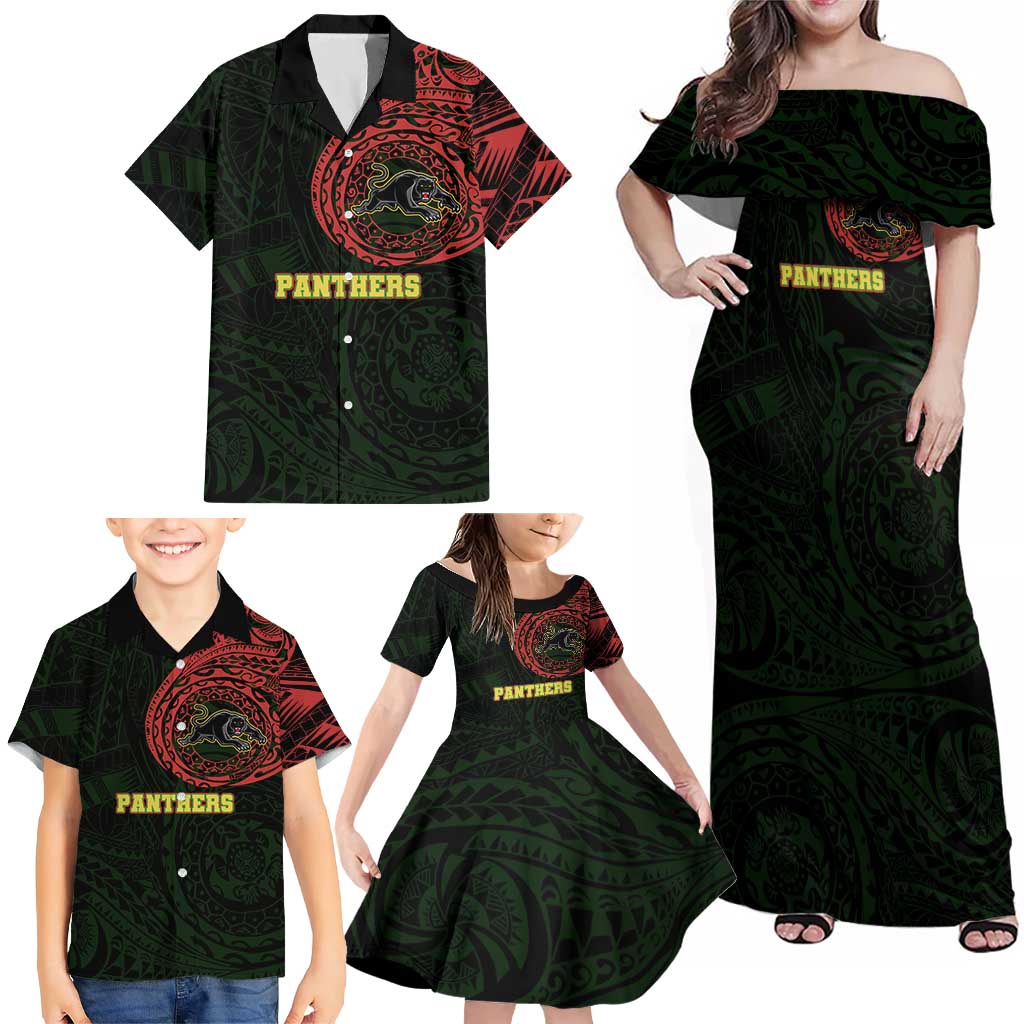 Personalized Penrith Panthers Family Matching Off Shoulder Maxi Dress and Hawaiian Shirt Polynesian Tribal Chest and Sleeve Tattoo