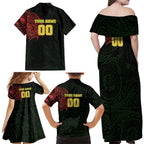Personalized Penrith Panthers Family Matching Off Shoulder Maxi Dress and Hawaiian Shirt Polynesian Tribal Chest and Sleeve Tattoo