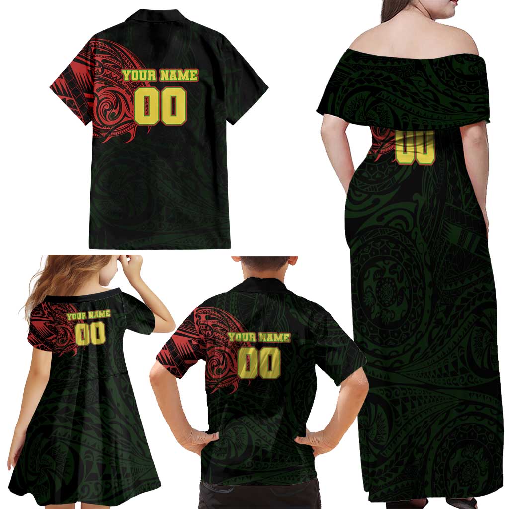 Personalized Penrith Panthers Family Matching Off Shoulder Maxi Dress and Hawaiian Shirt Polynesian Tribal Chest and Sleeve Tattoo