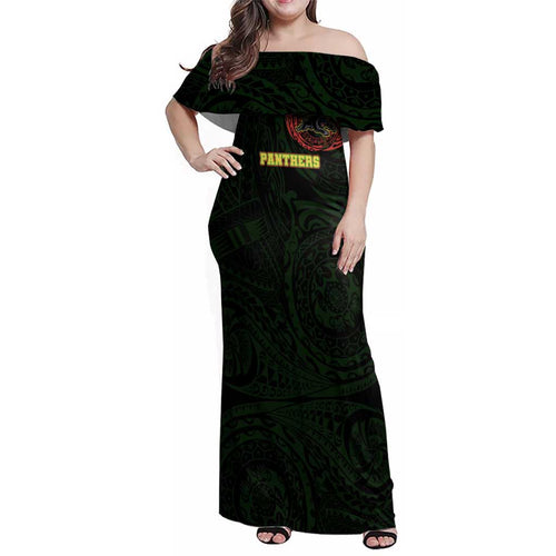 Personalized Penrith Panthers Family Matching Off Shoulder Maxi Dress and Hawaiian Shirt Polynesian Tribal Chest and Sleeve Tattoo